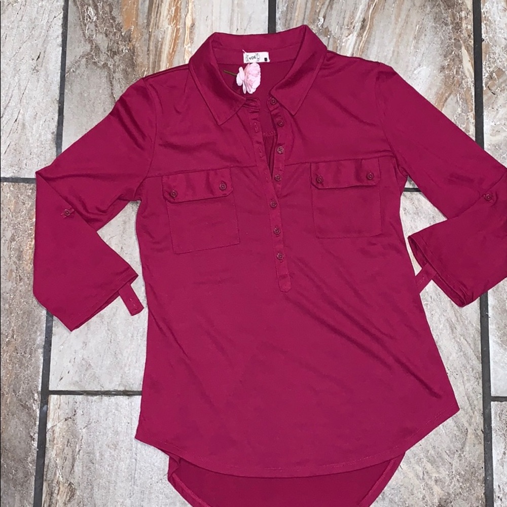 Dark Red Double Pocket Collared Top